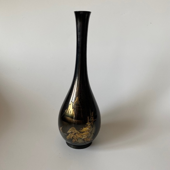 Vintage Japanese ENGRAVED And ENAMELLED BRASS Metalwork Bud Vase - Picture 7 of 9